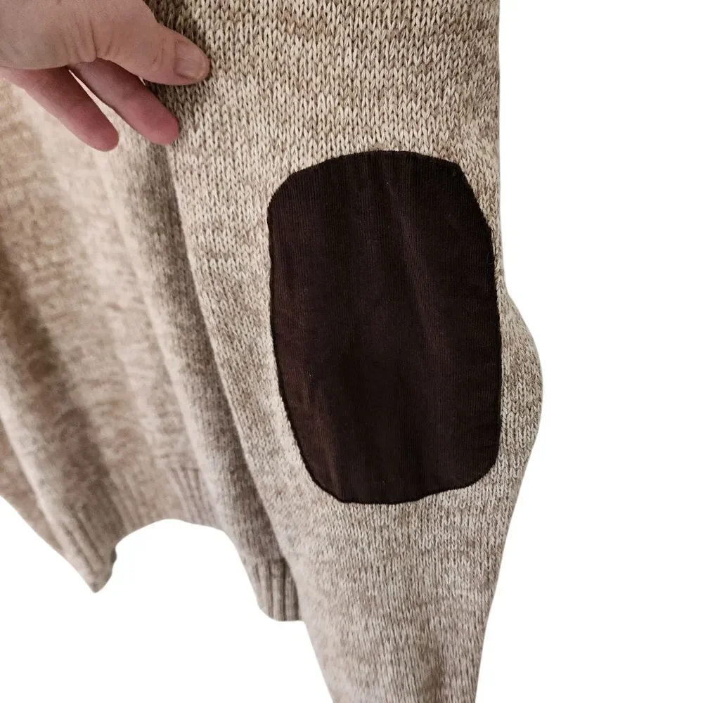 Chaps Mens Sweater XL 1/4 Zip Tan 100% Cotton Corduroy Elbow Patches